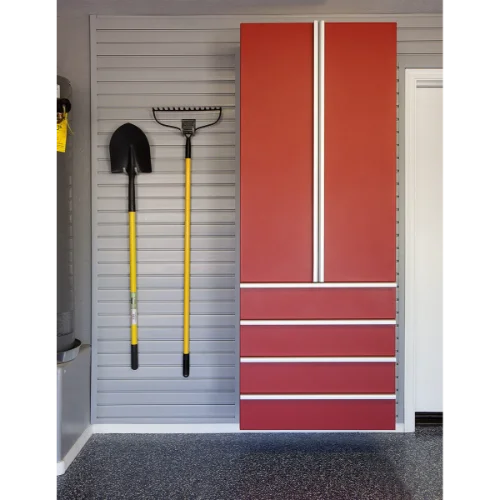 Red Cabinet Drawers Shovel Rake on Grey Slatwall Aug 2013